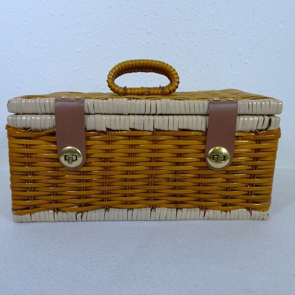 Vintage Wicker Sewing Basket Rectangle Hinged Double Clasp 14x8x7" Handles - Picture 1 of 11